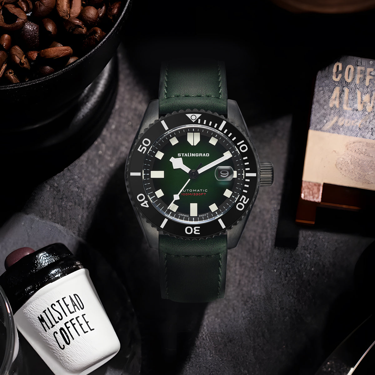 Volga Defender. Green Dial. Green Leather Strap. SG-0413-08