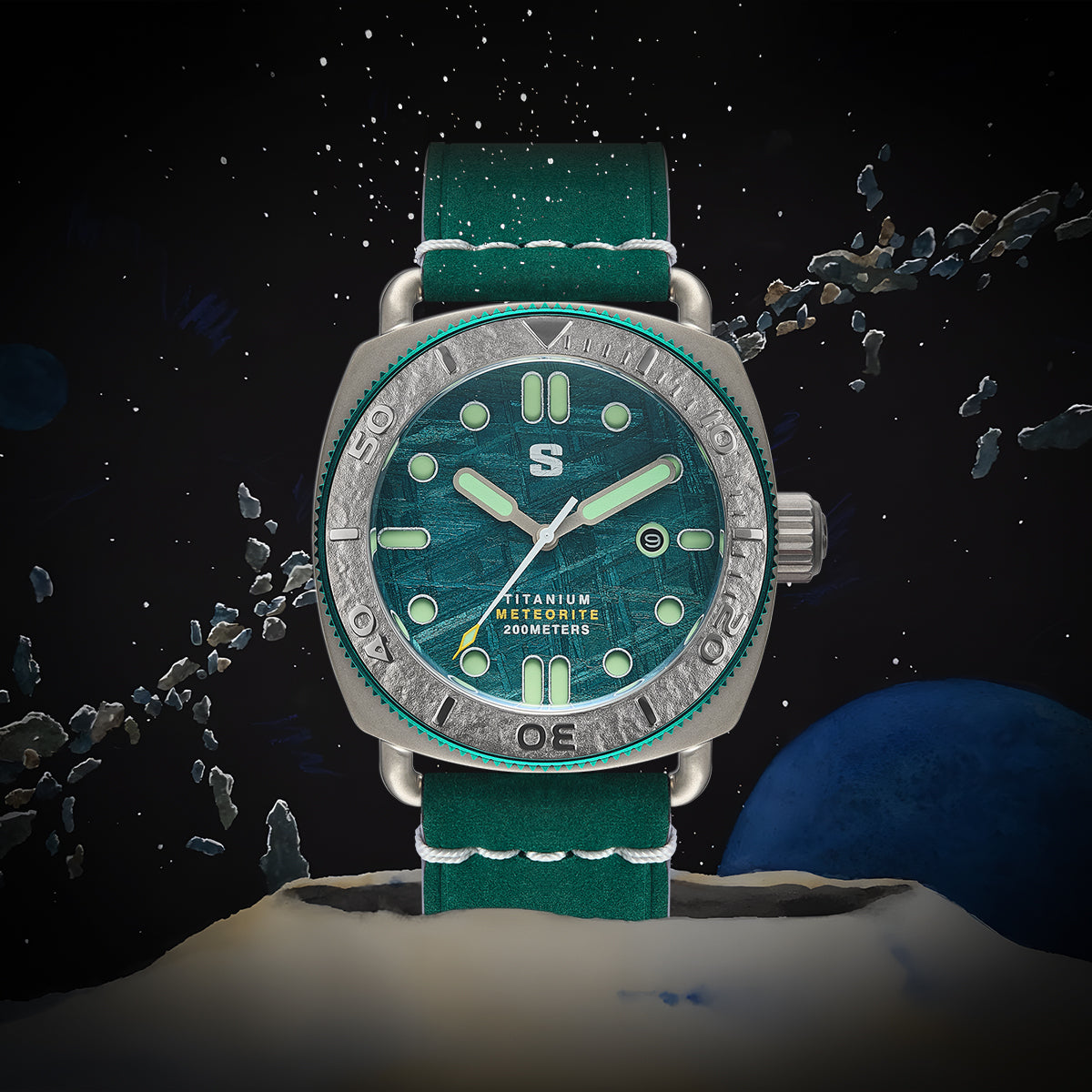 TITANIUM Defender. Green Meteorite Dial. Green Leather Strap. SG-24001-10