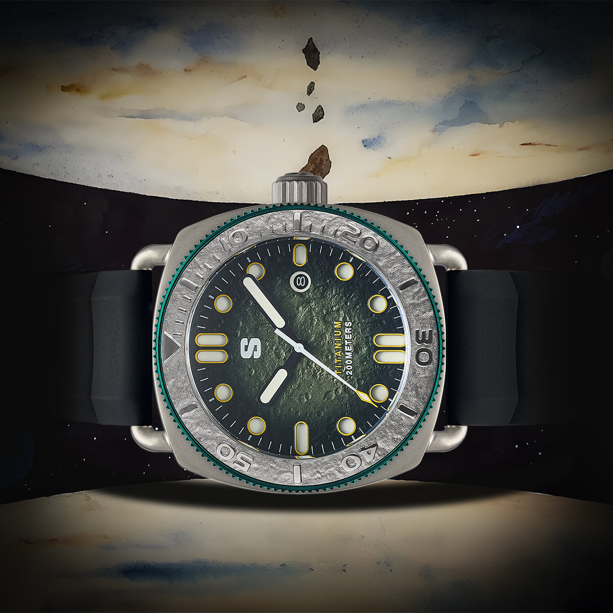 TITANIUM Defender. Green Lunar Dial. Black Silicon Strap.SG-24001-01