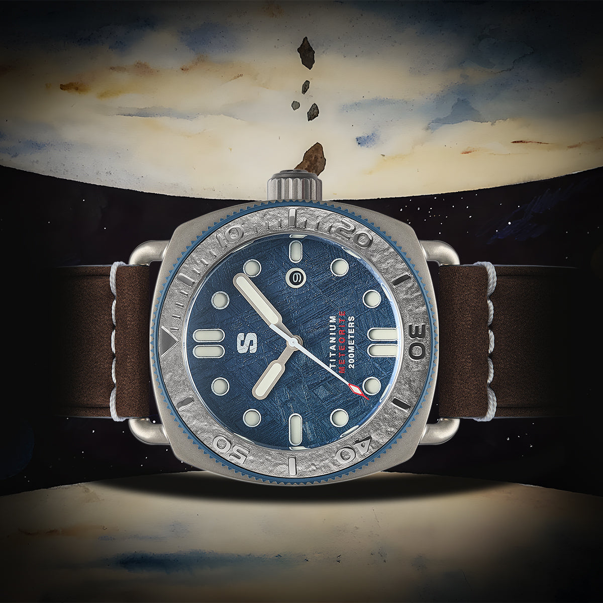 TITANIUM Defender. Blue Meteorite Dial. Brown Leather Strap. SG-24001-09