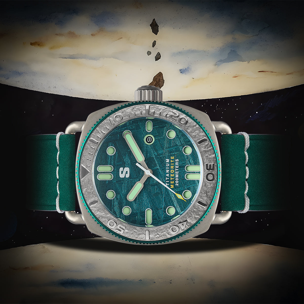 TITANIUM Defender. Green Meteorite Dial. Green Leather Strap. SG-24001-10