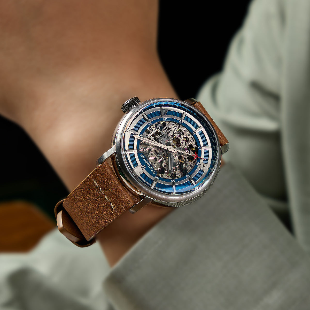 Hero. Skeleton Dial. Sky Blue. Beige Leather Strap. SG-1003-01