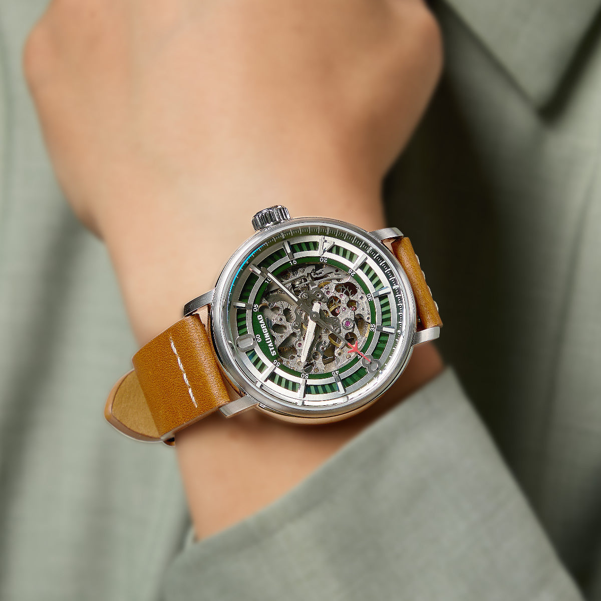 Hero. Skeleton Dial. Green. Brown Leather Strap. SG-1003-05