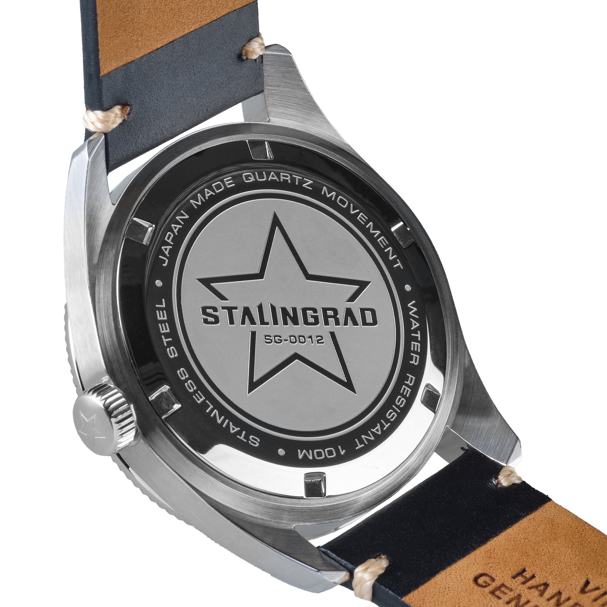 Stalingrad Iron Will Watch Blue Dial, with Black and blue 2 tone Bezel on a white background, back of watch view