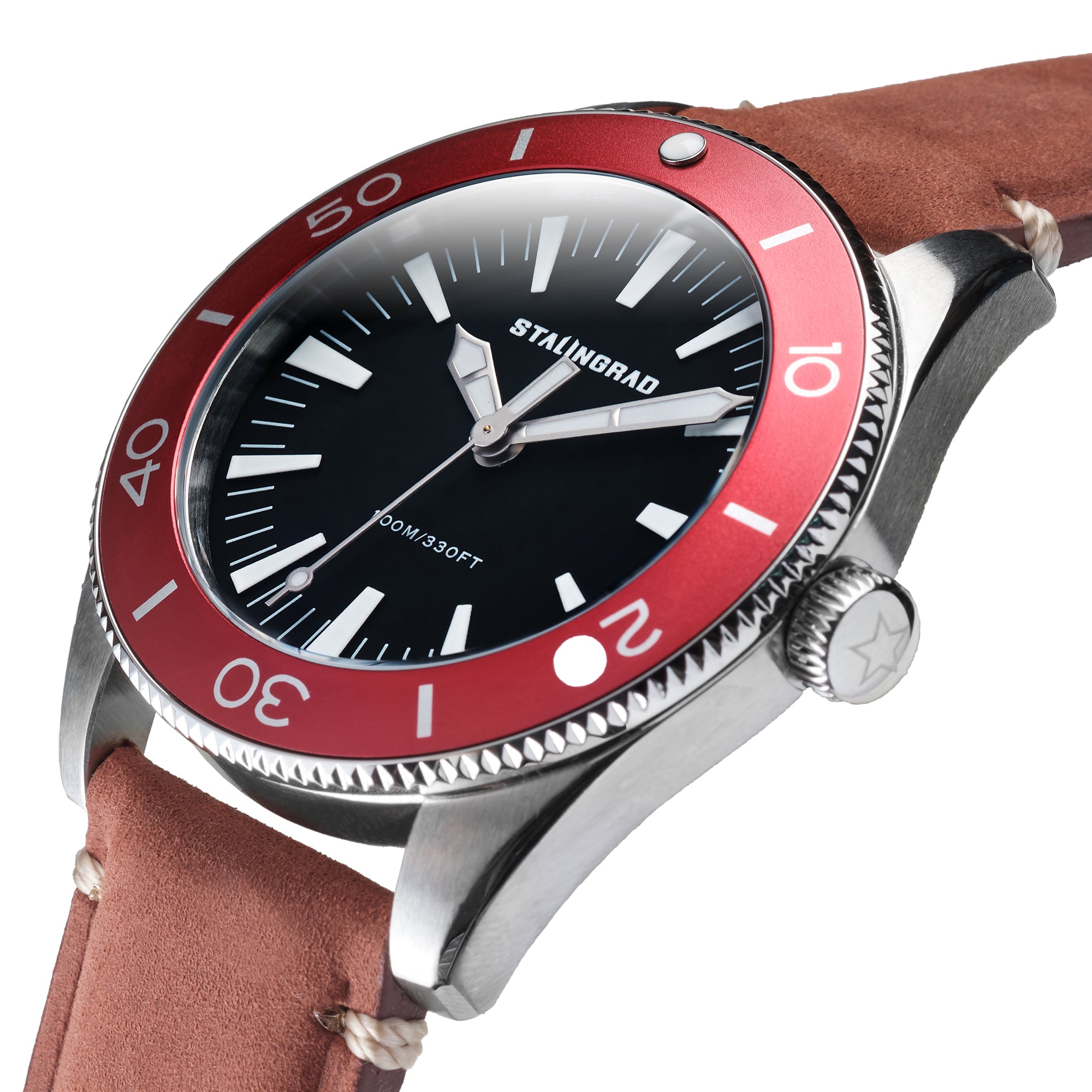 Stalingrad Iron Will Watch Black Dial with a Red Bezel and a red leather strap on a white background, diagonal view
