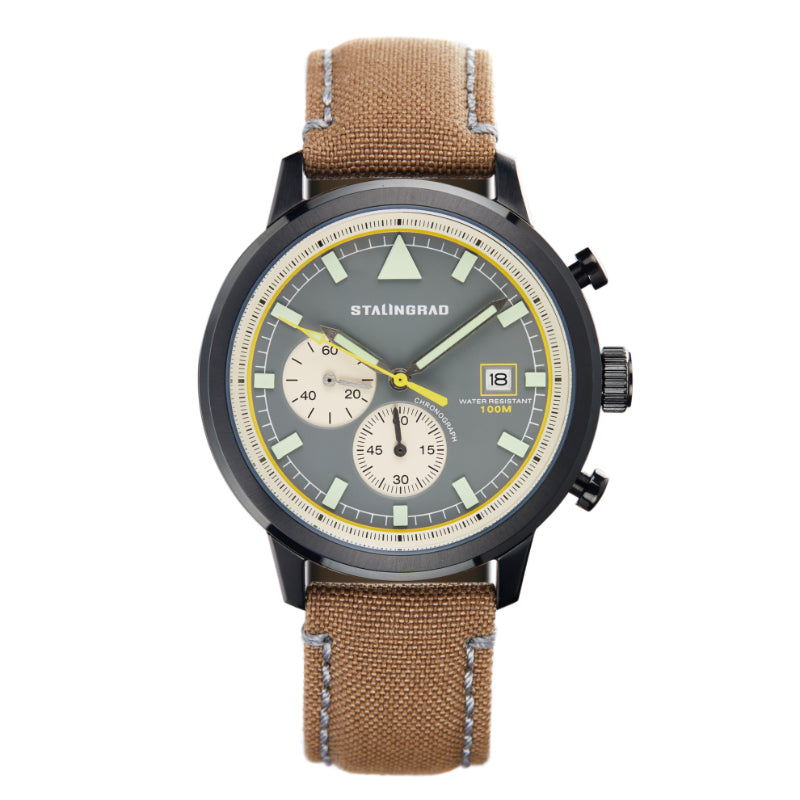 Stalingrad trooper chronograph watch with black case, grey dial and light brown Cordura straps with grey stitching, front view on a white background 