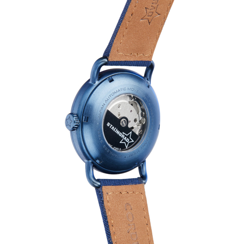 Stalingrad Rodim Watch display caseback of watch blue colour with blue cordura strap on white background.